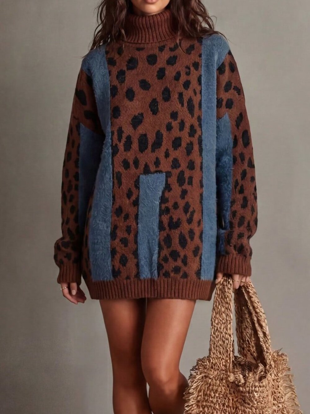 Gray Casual Women's Leopard Print Long Sleeve Turtleneck Sweater